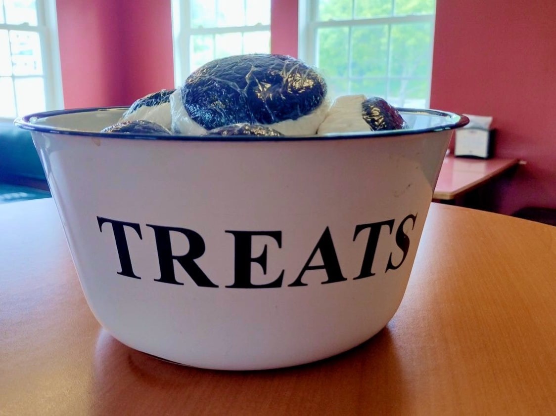 The TREATS bowl filled with wrapped cookies